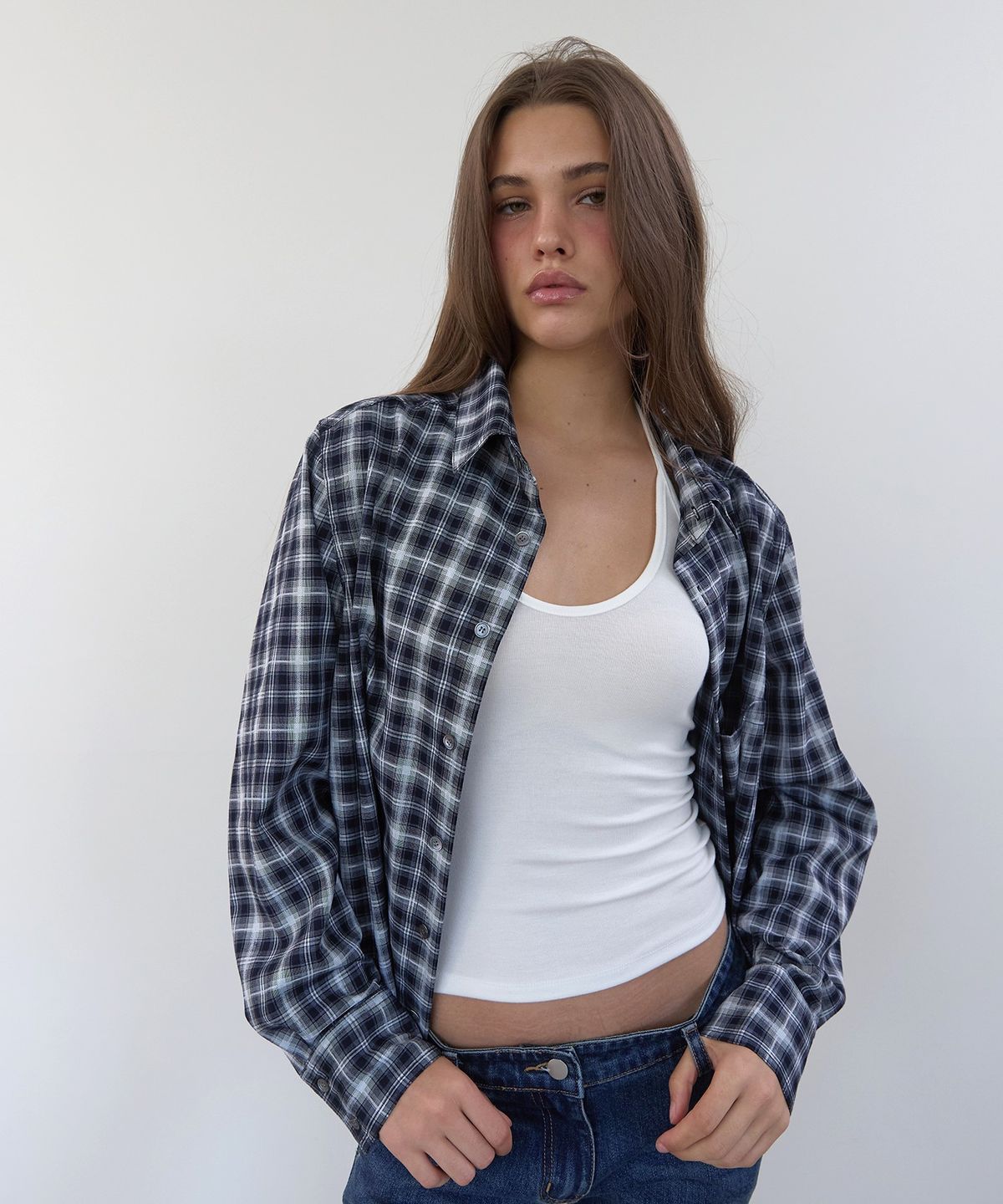 아수라(ASURA) CLASSIC CHECK SHIRT (SLIM-NAVY)