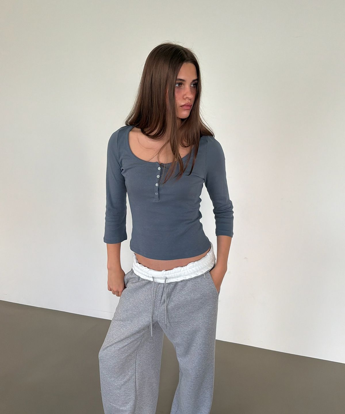 아수라(ASURA) COTTON HENLEY MID SLEEVE T (VINTAGE BLUE)