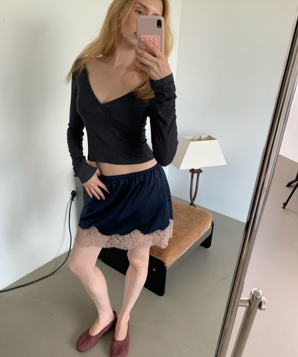 아수라(ASURA) LACE SATIN BAND SKIRT (NAVY)