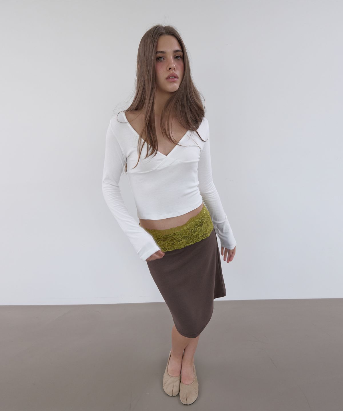 아수라(ASURA) LACE WAIST SKIRT (OLIVE+BROWN)