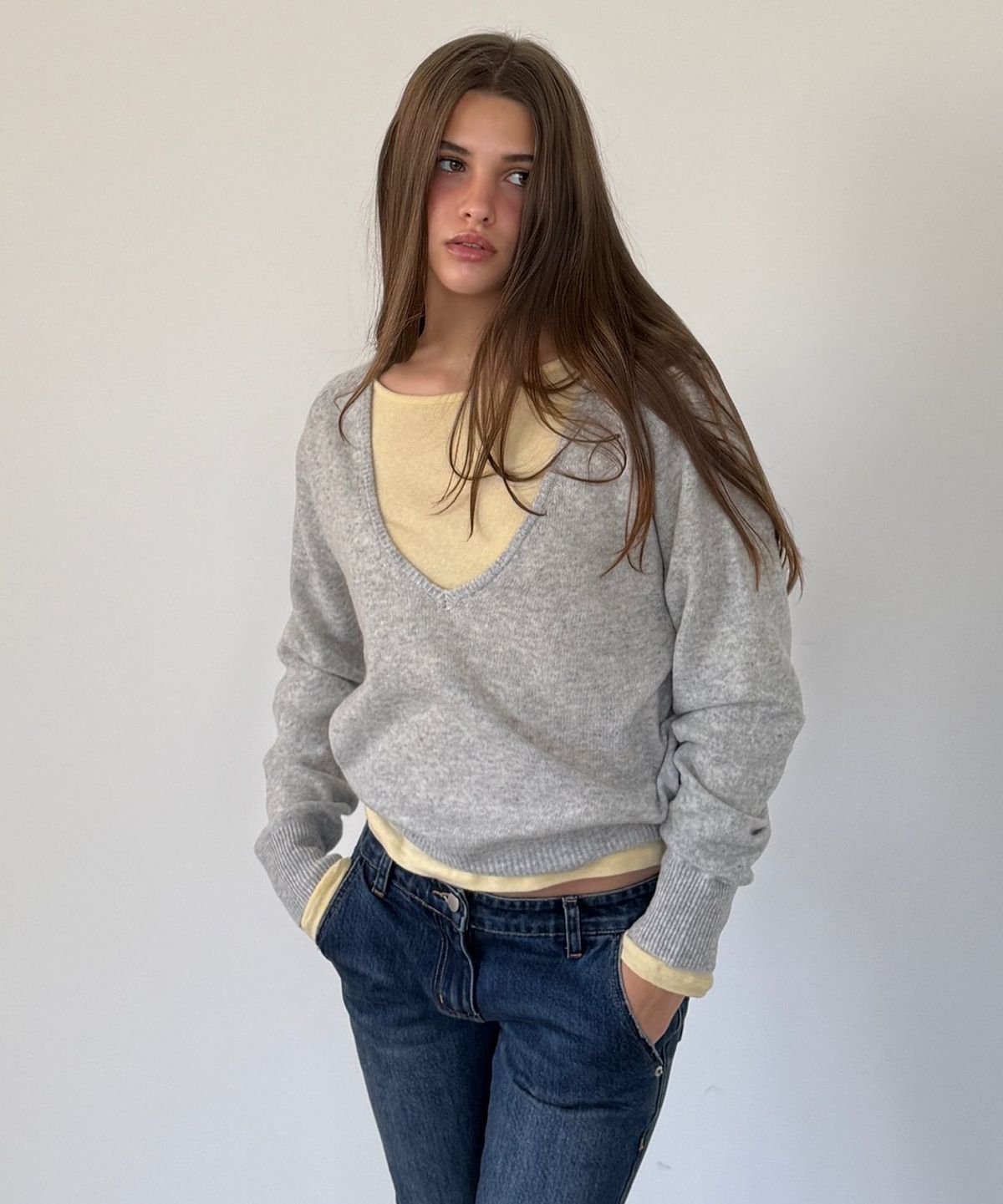 아수라(ASURA) PURE WOOL DEEP V KNIT (MELANGE GREY)