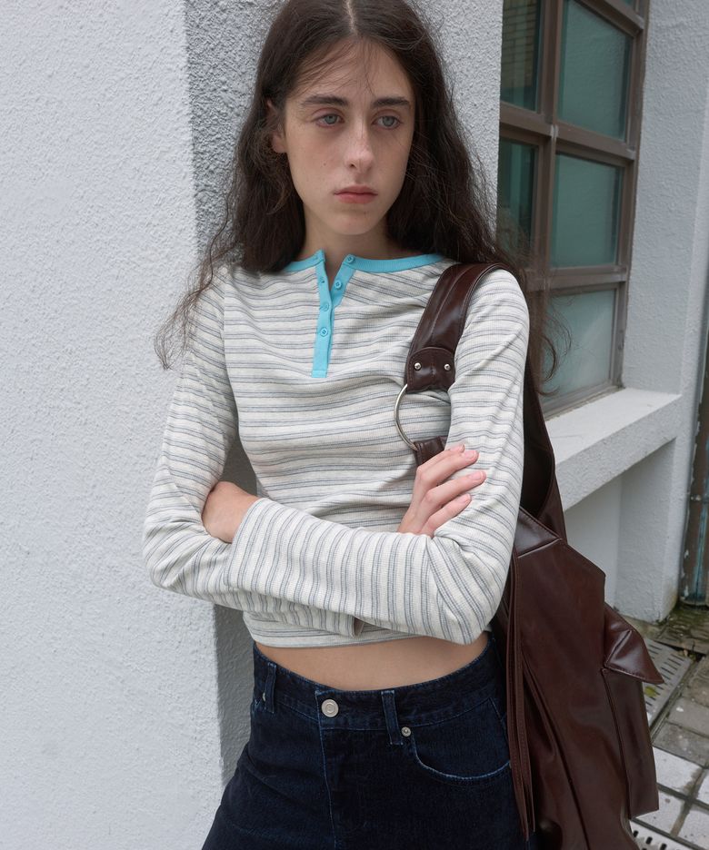 HENLEY NECK LONG SLEEVE TEE_MELANGE GREY