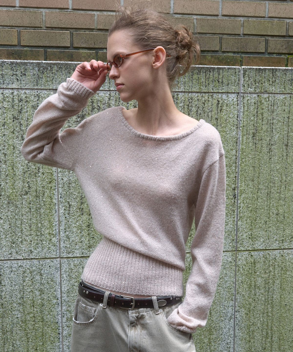 기준(KIJUN) SEQUIN BOAT-NECK KNIT TOP_PINK