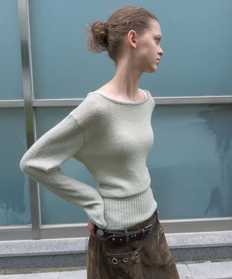 SEQUIN BOAT-NECK KNIT TOP_SAGE