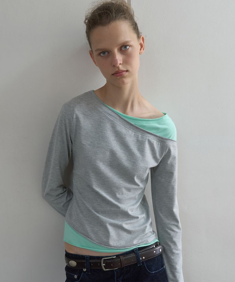 TILTED LAYERED LONG SLEEVE TOP_MELANGE GREY