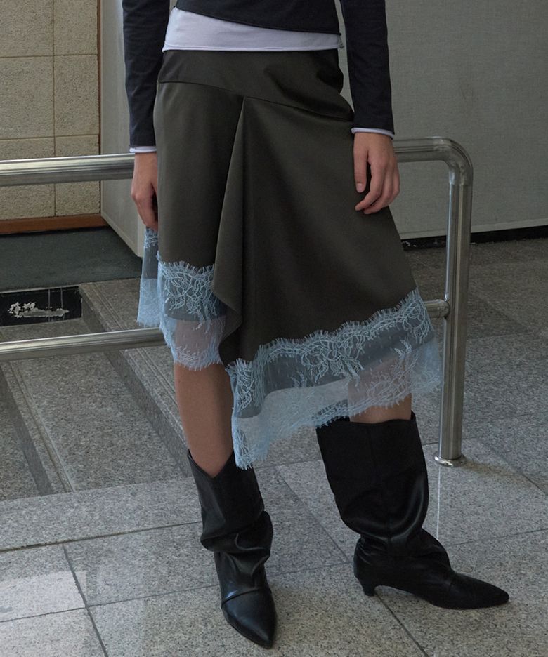 SATIN LACE MIDI SKIRT_CHARCOAL GREY