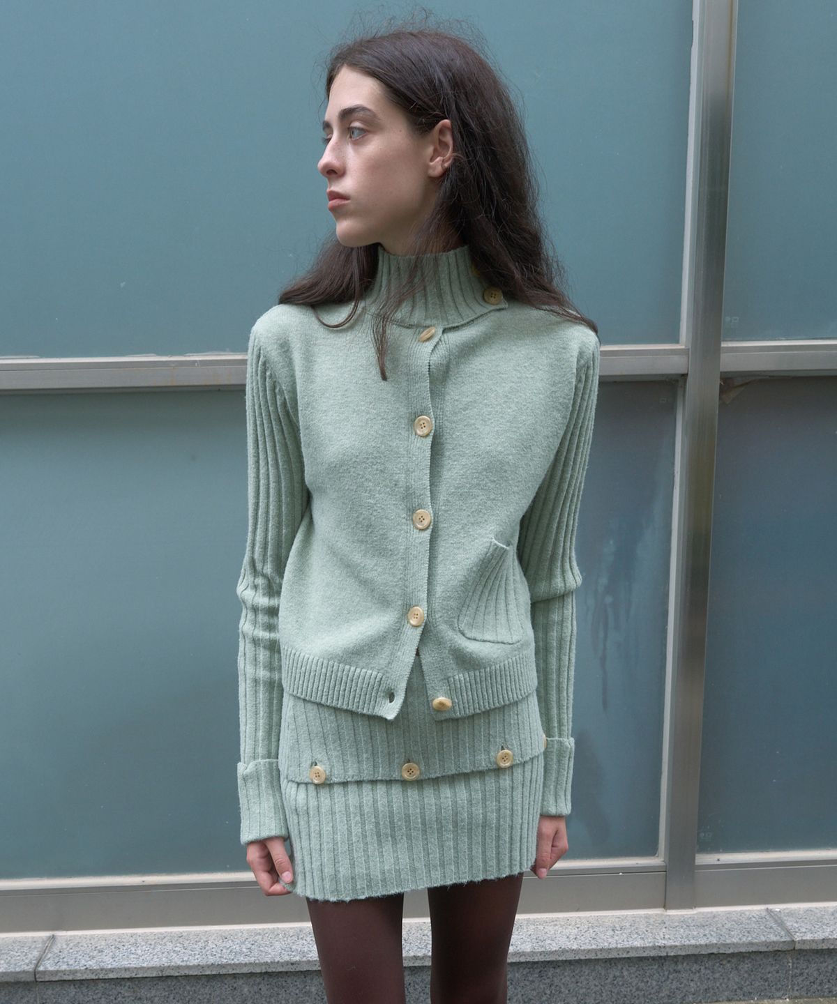 기준(KIJUN) BOLD BUTTON CARDIGAN_SAGE