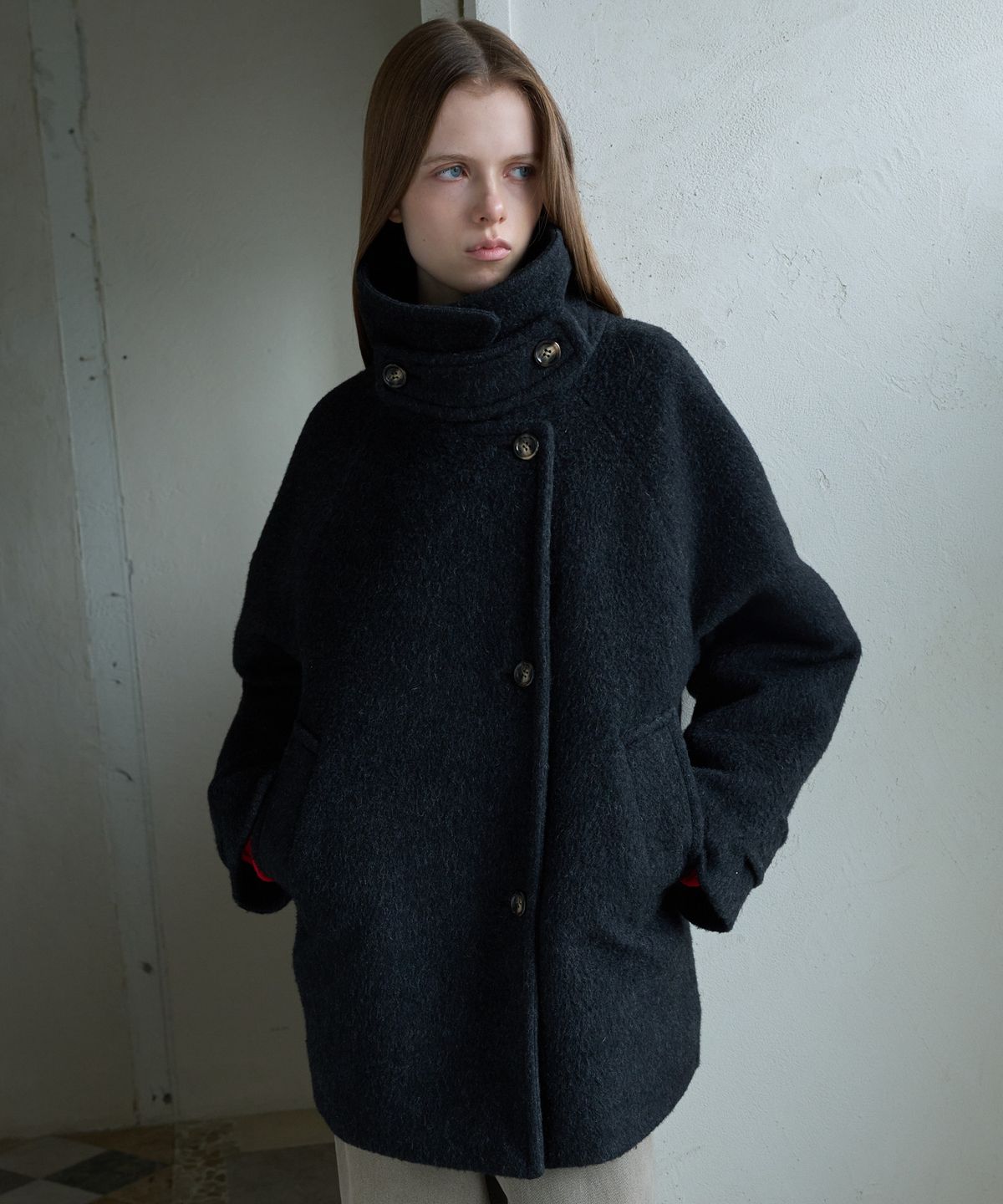 기준(KIJUN) [WOOL100%] HAIRY WOOL HALF COAT_CHARCOAL GREY