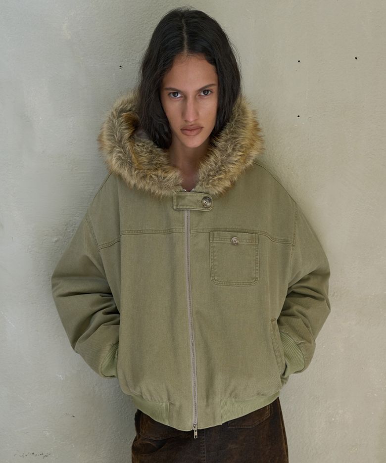FUR HOODED BOMBER JACKET_BEIGE