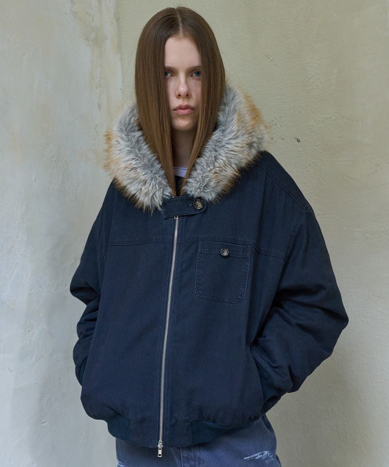 FUR HOODED BOMBER JACKET_NAVY