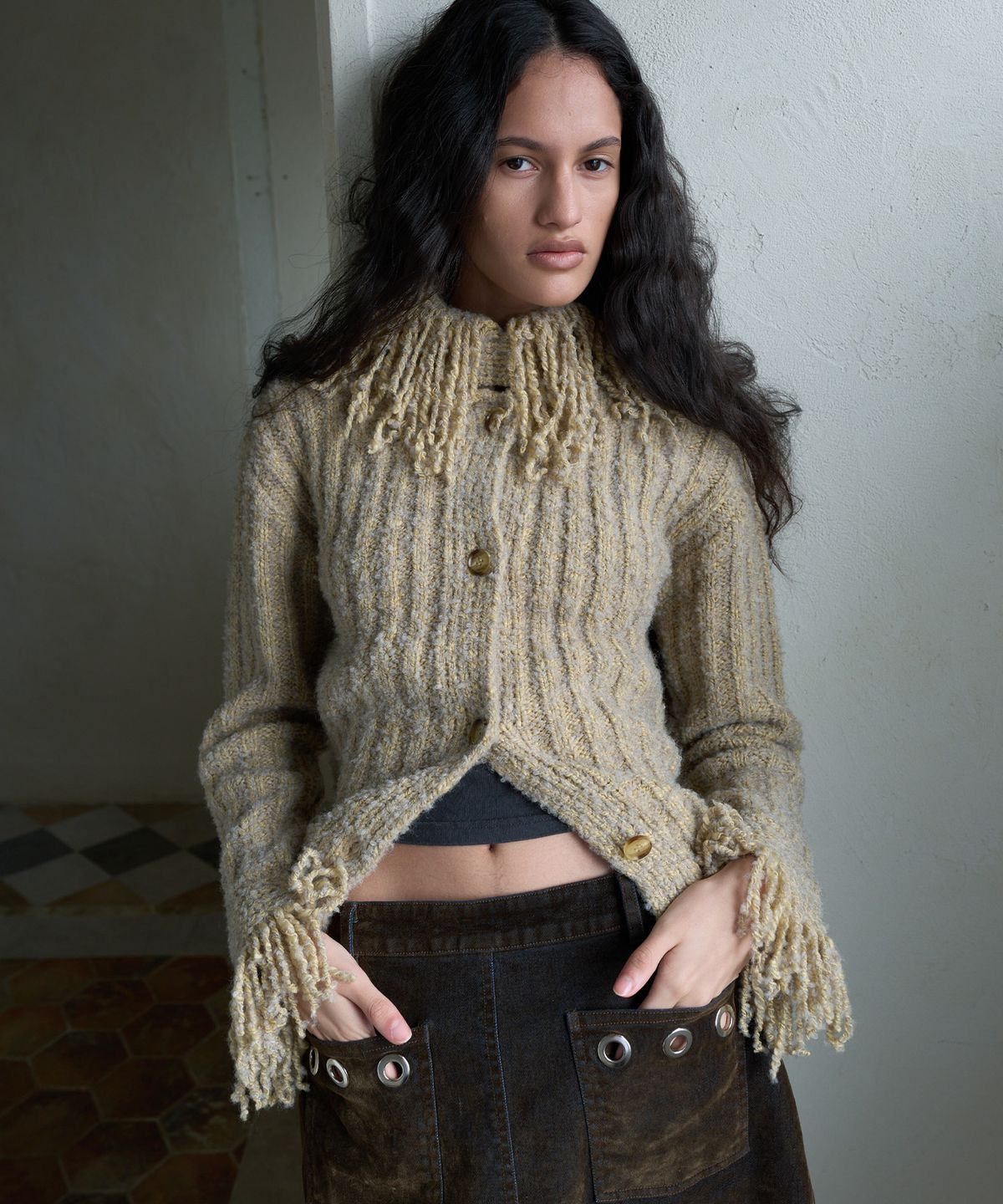 기준(KIJUN) FRINGE BOUCLE CARDIGAN_BEIGE