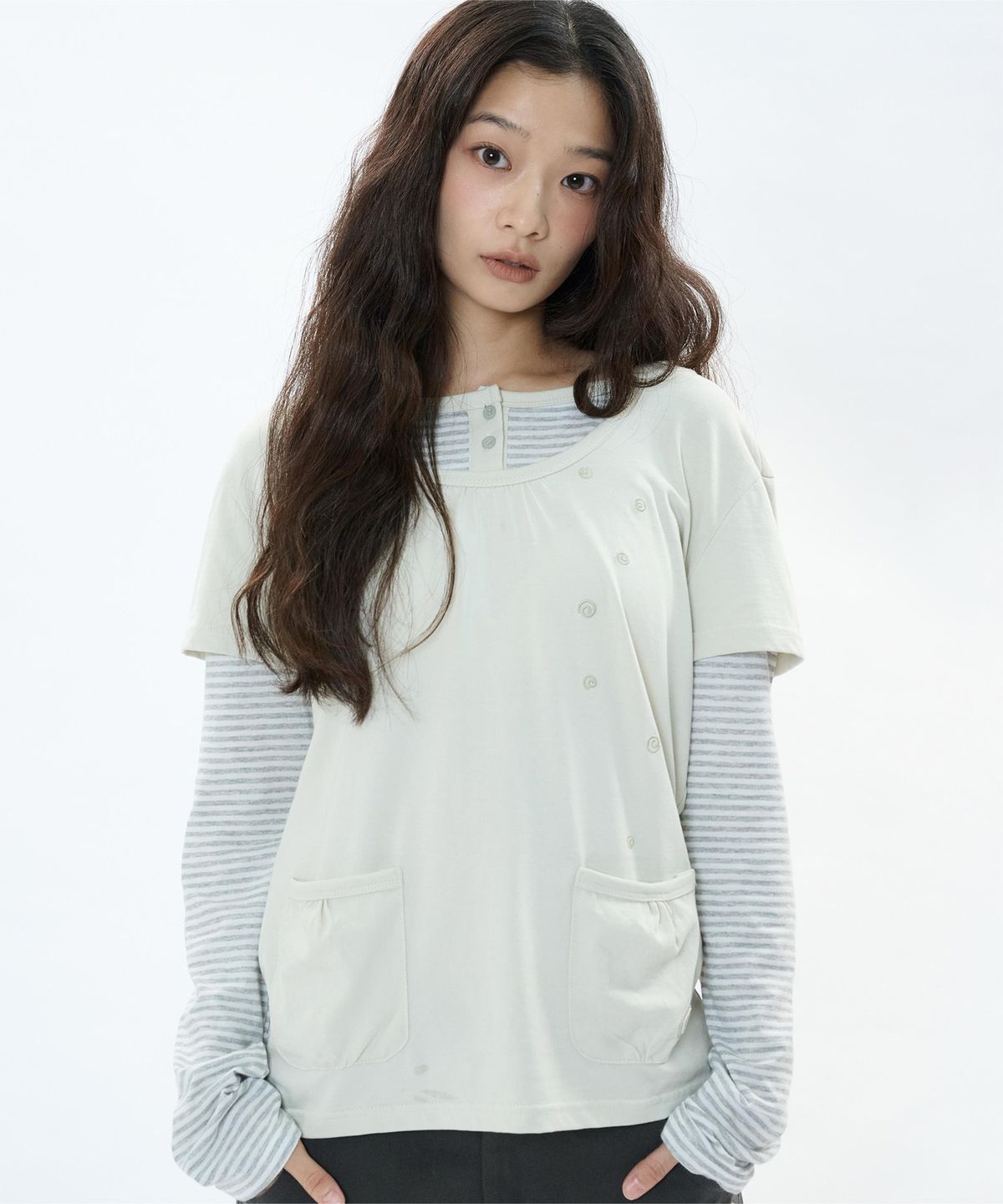 바우프(BAUF) 버튼 레이어드 후드 롱슬리브 [민트]
