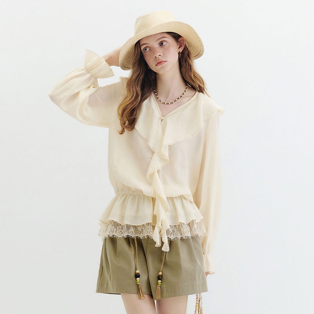 웬스데이딜라잇(WEDNESDAY DELIGHT) WD_V-neck ruffled waist top_2color