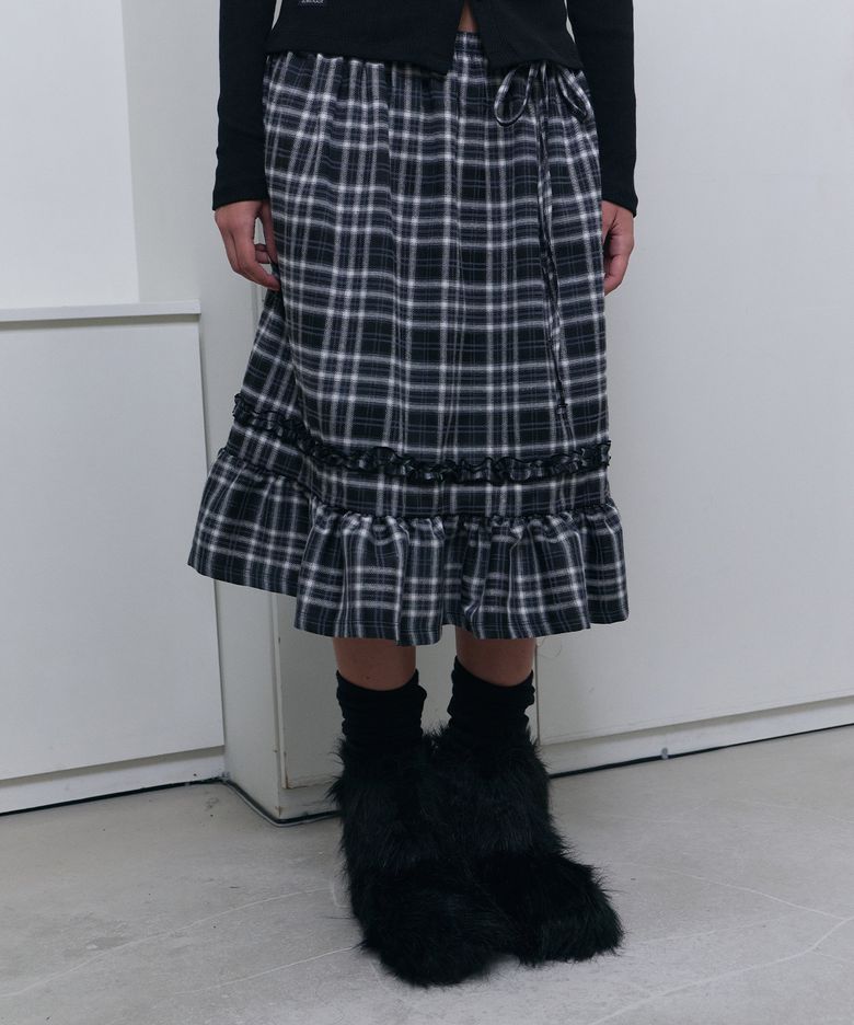Aster Check Shirring Midi Skirt - Black