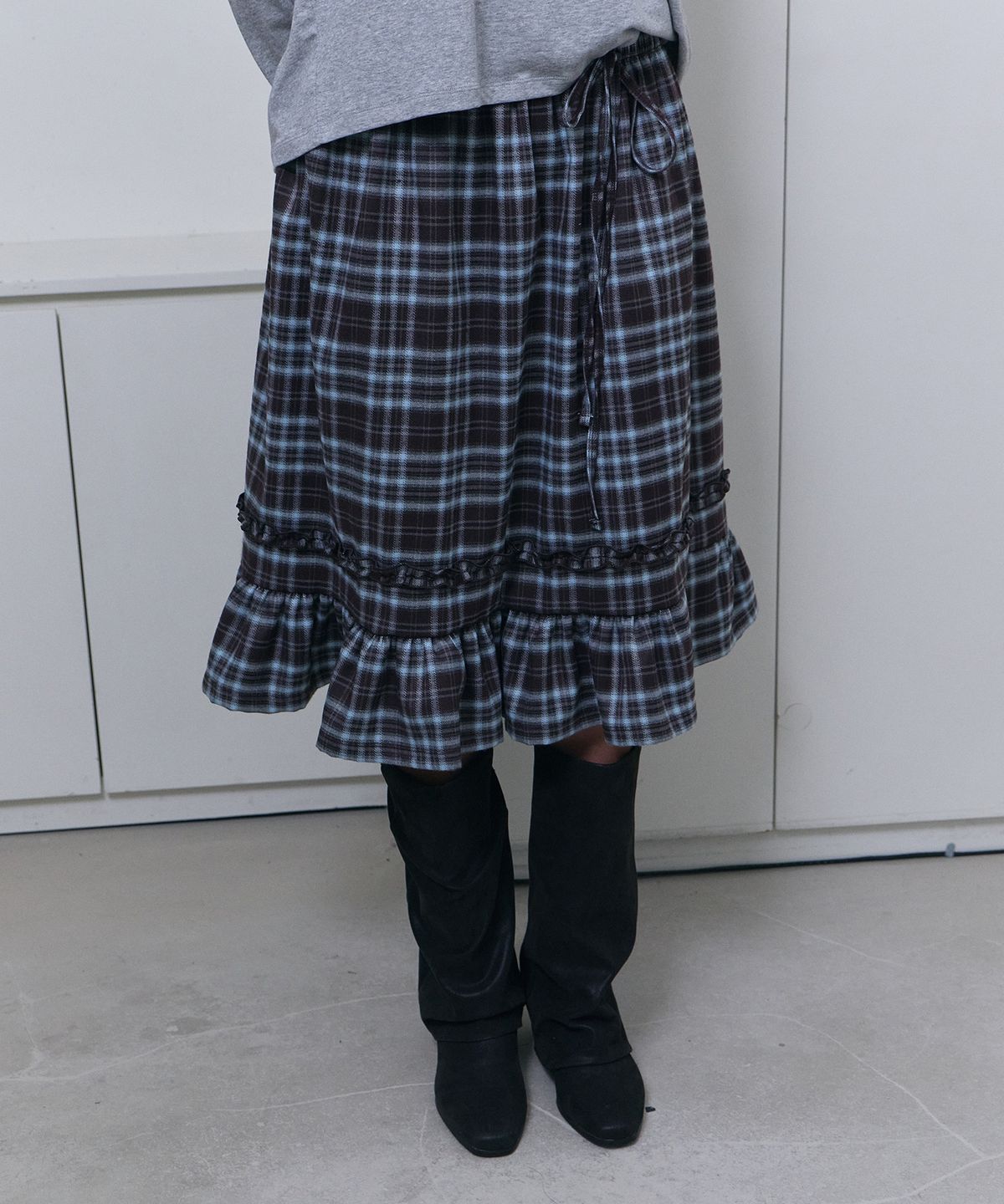 디어스토커(DEARSTALKER) Aster Check Shirring Midi Skirt - Brown