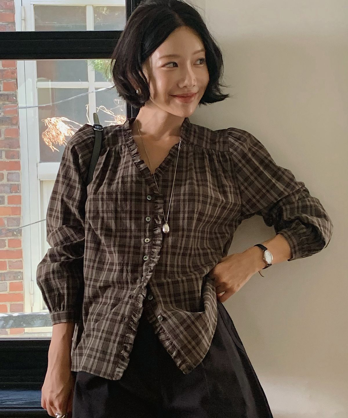 틸아이다이(TILL I DIE) Embroidered check blouse [TIFA05BL08]_Beige