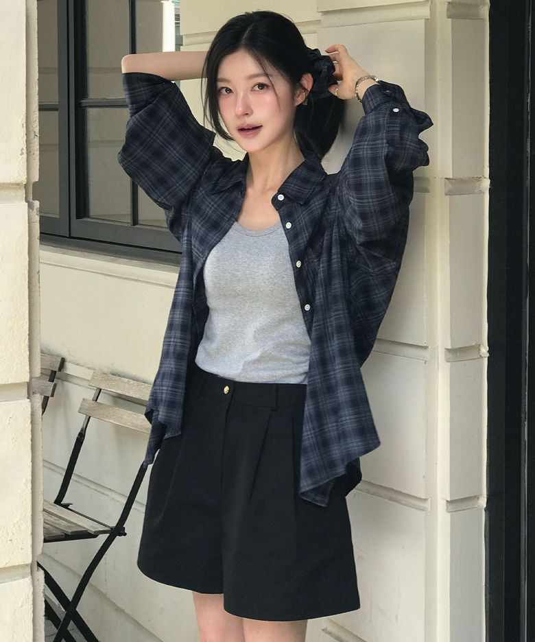 [스크런치 SET] Check overfit shirt jacket set [TIFA05SH03]_Navy