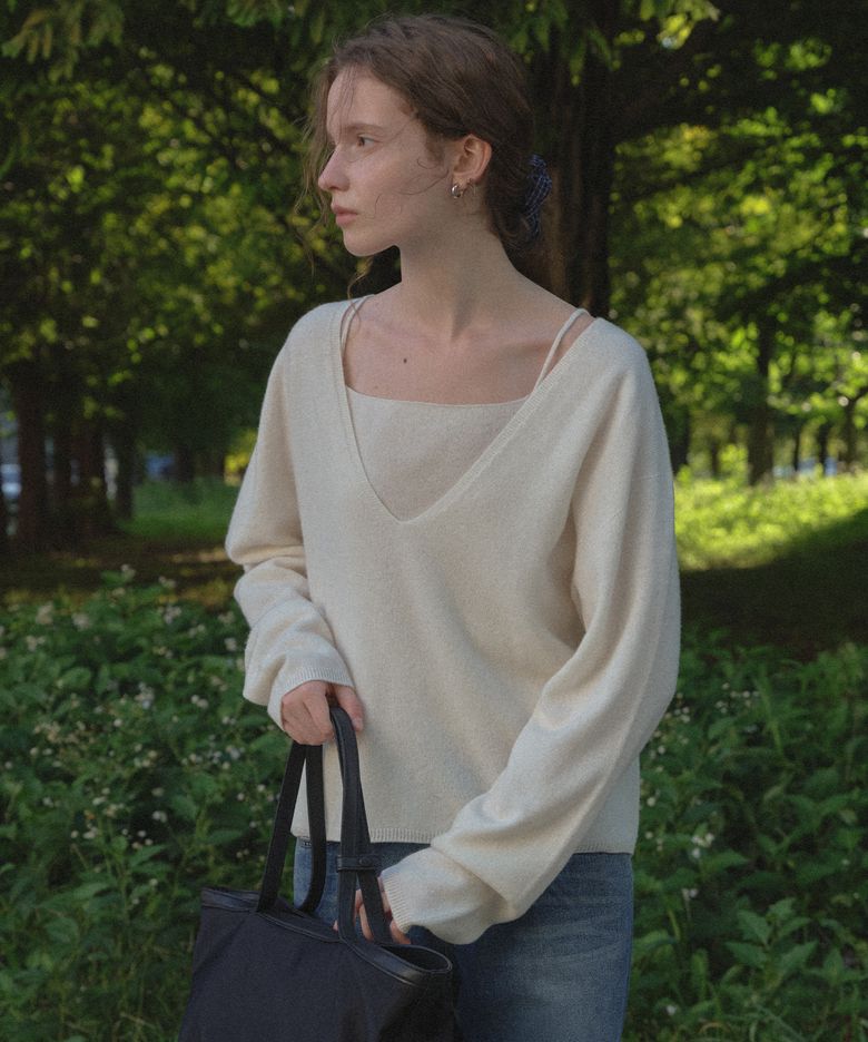 Wool cashmere V neck knit set [TIFA05SW04]_Ivory