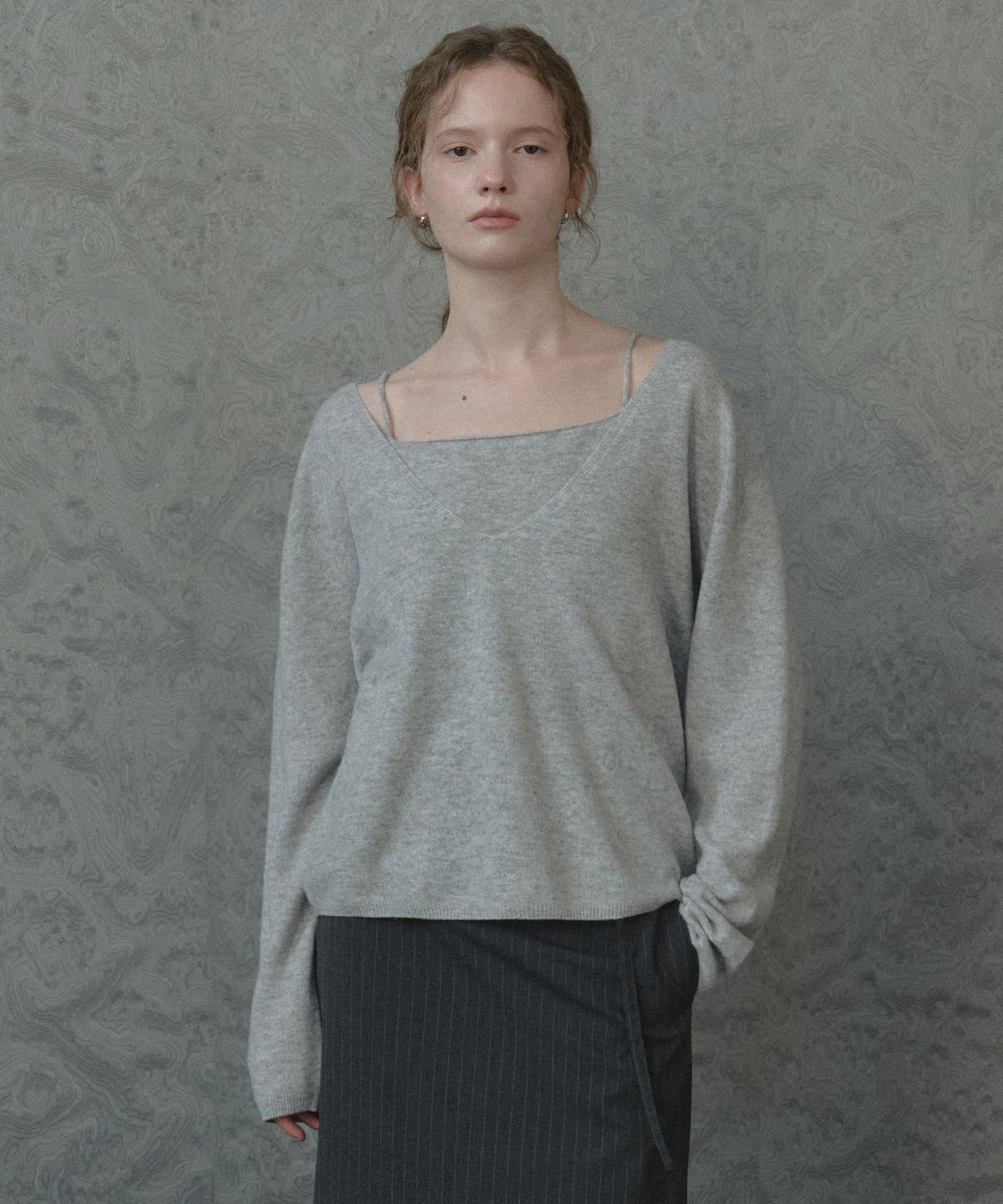 틸아이다이(TILL I DIE) Wool cashmere V neck knit set [TIFA05SW06]_Light Gray