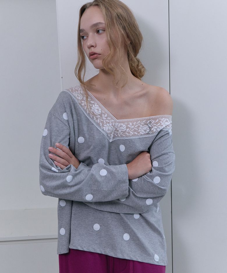 Odette V-neck Lace Dot Tee - Grey