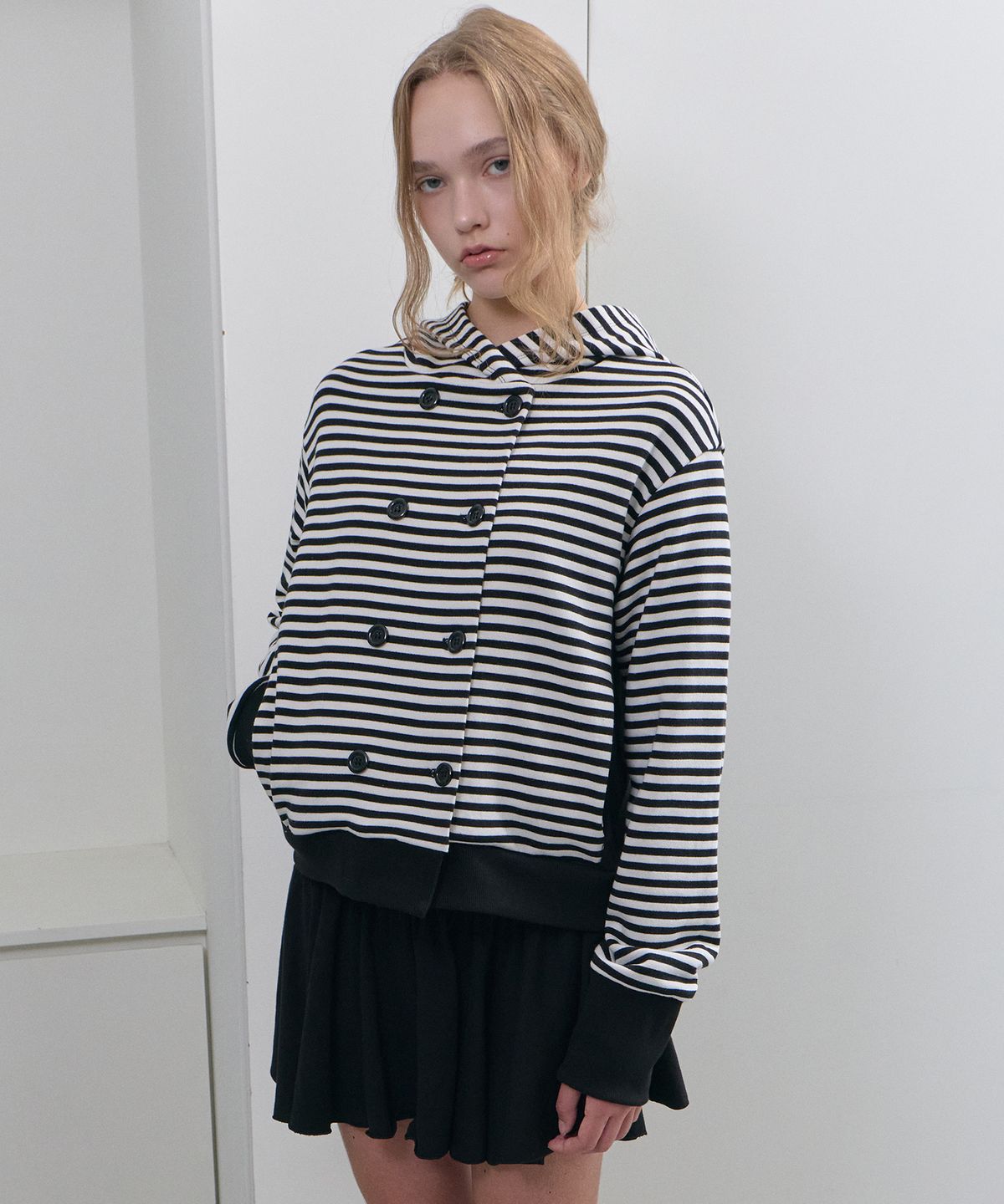 디어스토커(DEARSTALKER) Noa Stripe Hood Double Jacket -Black