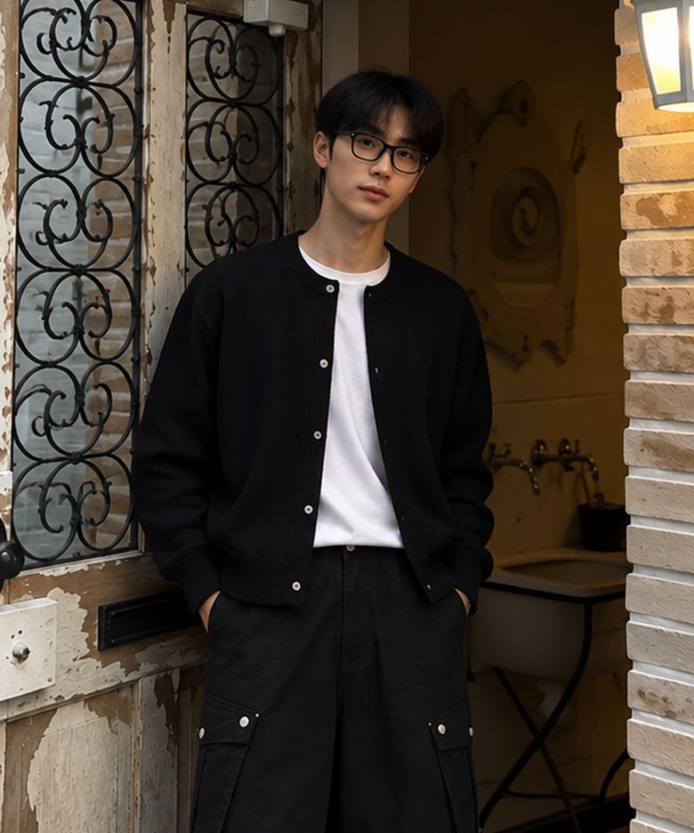 메리노 울100 베이직 가디건_블랙