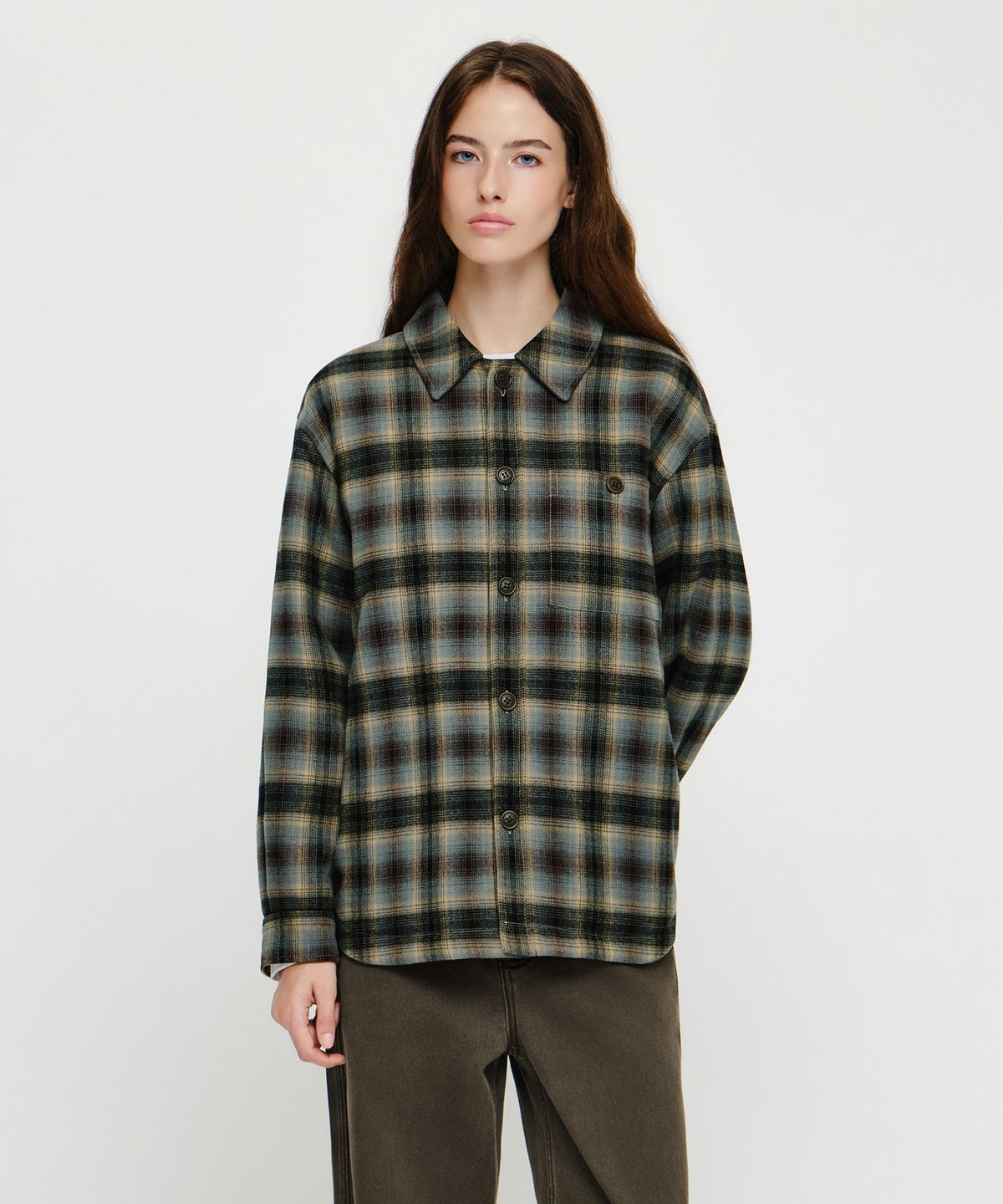 마리떼 프랑소와 저버(MARITHÉ + FRANҪOIS GIRBAUD) MICRO CLASSIC LOGO FLANNEL CHECK SHIRT PADDED JACKET brown