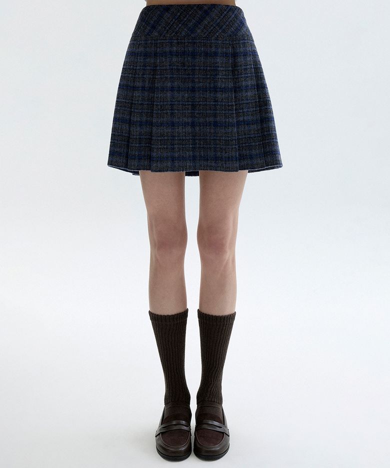[26FW clove] Pleated Check Skirt (Navy)