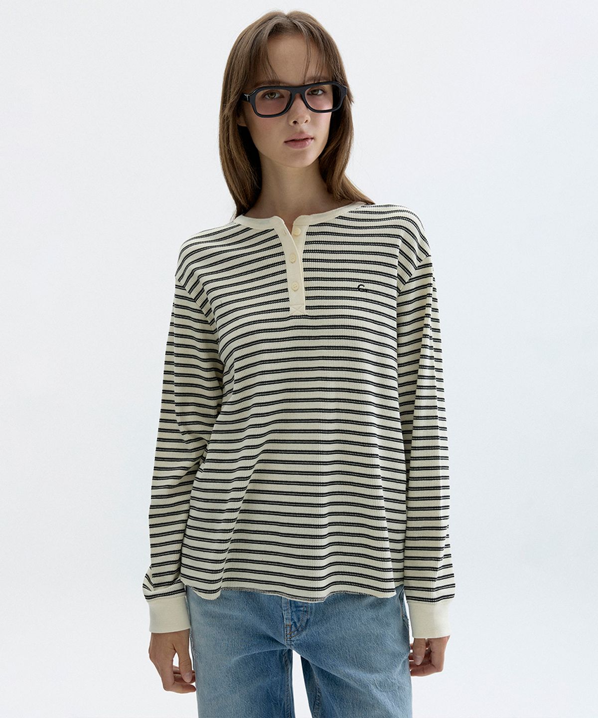 클로브(CLOVE) [26FW clove] Stripe Waffle Henley T-Shirt (Ivory)