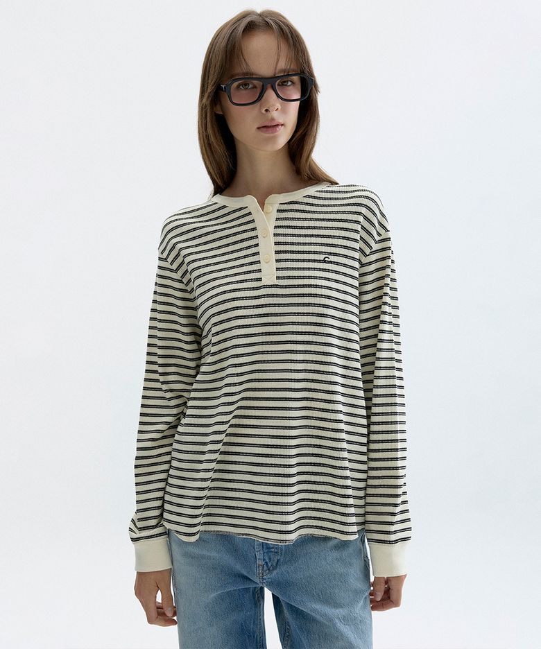 [26FW clove] Stripe Waffle Henley T-Shirt (Ivory)