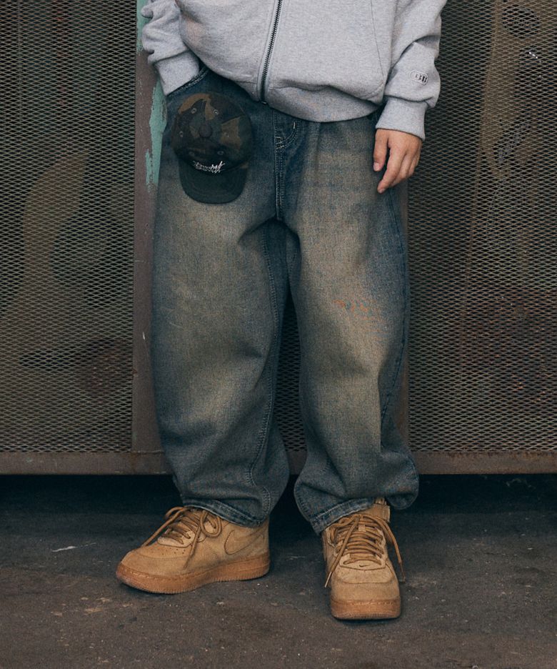 KIDS TAG CURVED DENIM PANTS - NAVY