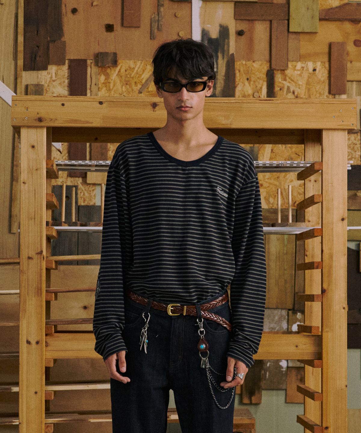 펜필드(PENFIELD) [TW]인디고 스트라이프 마린 브이넥 긴소매 티셔츠_FS3KL19U