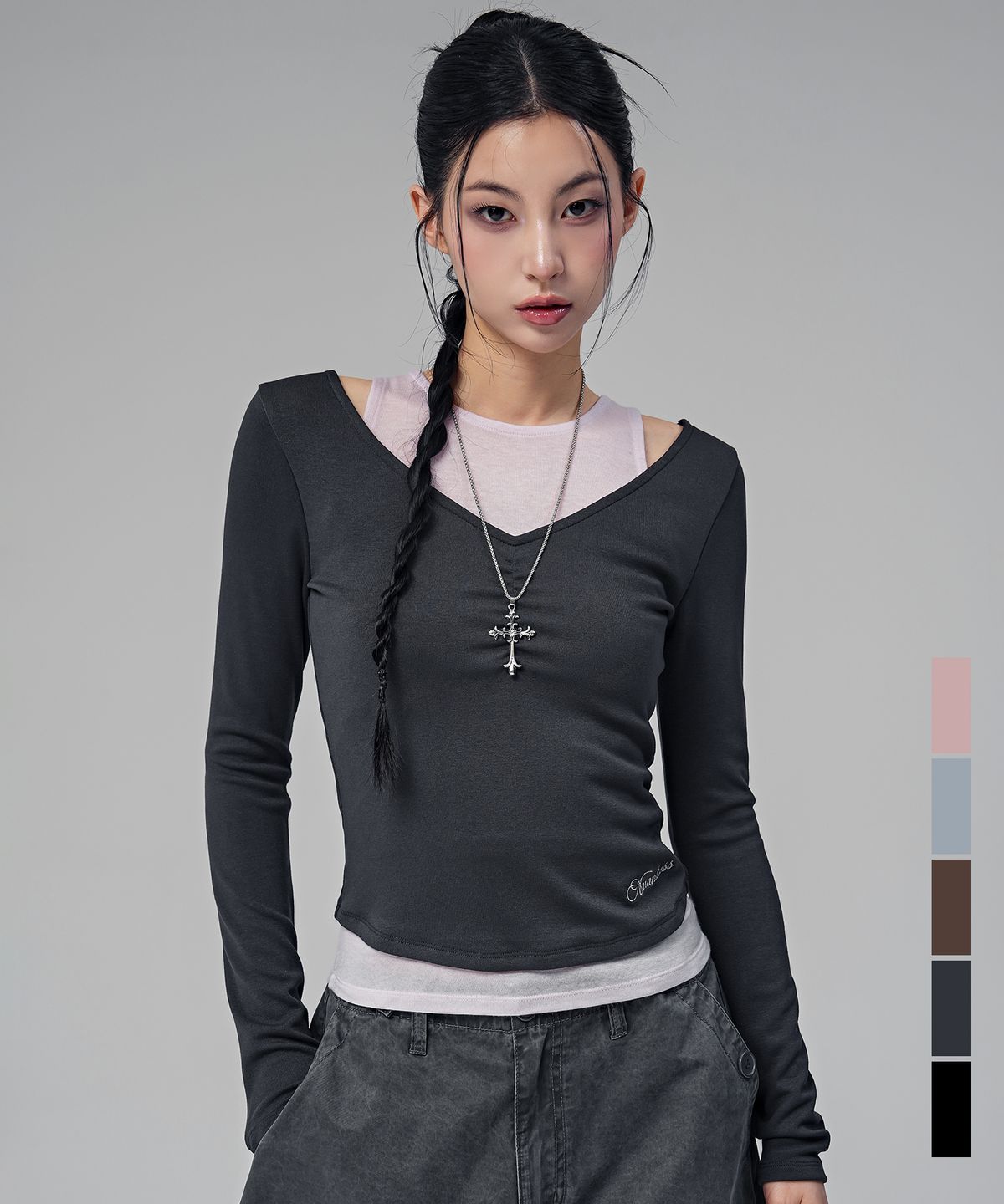 어반드레스(AVANDRESS) 포엘 브이넥 셔링 페이크 레이어드 티_5COL