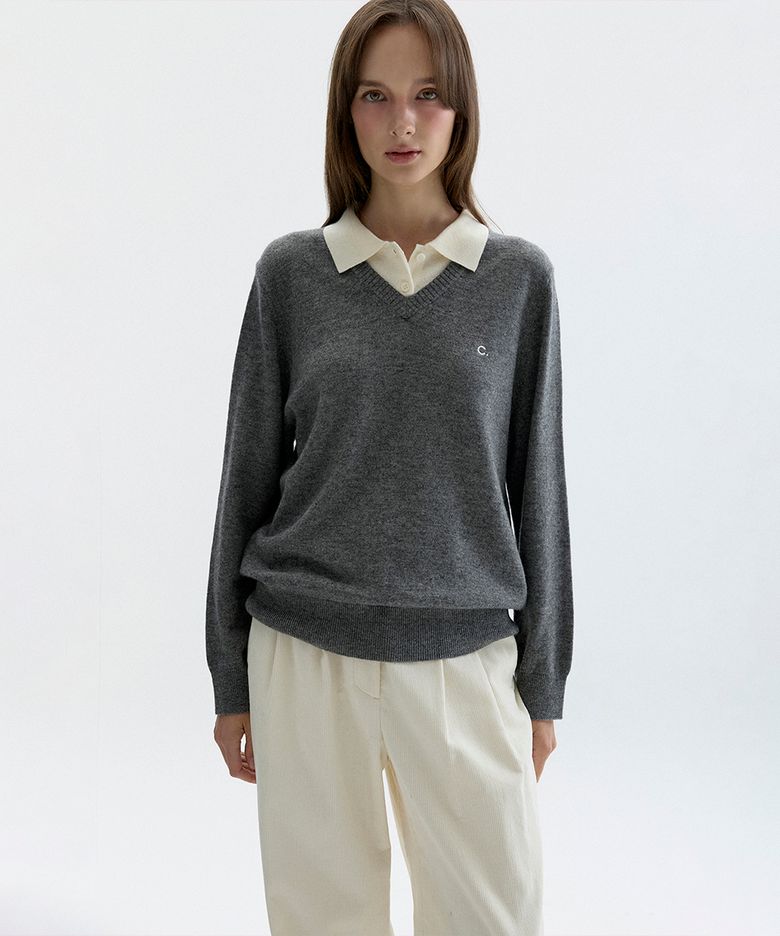 [26FW clove] Contrast Collar Knit Pullover (Charcoal Grey)