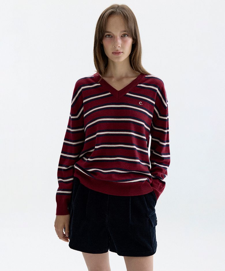 [26FW clove] Striped Knit Pullover (Burgundy)