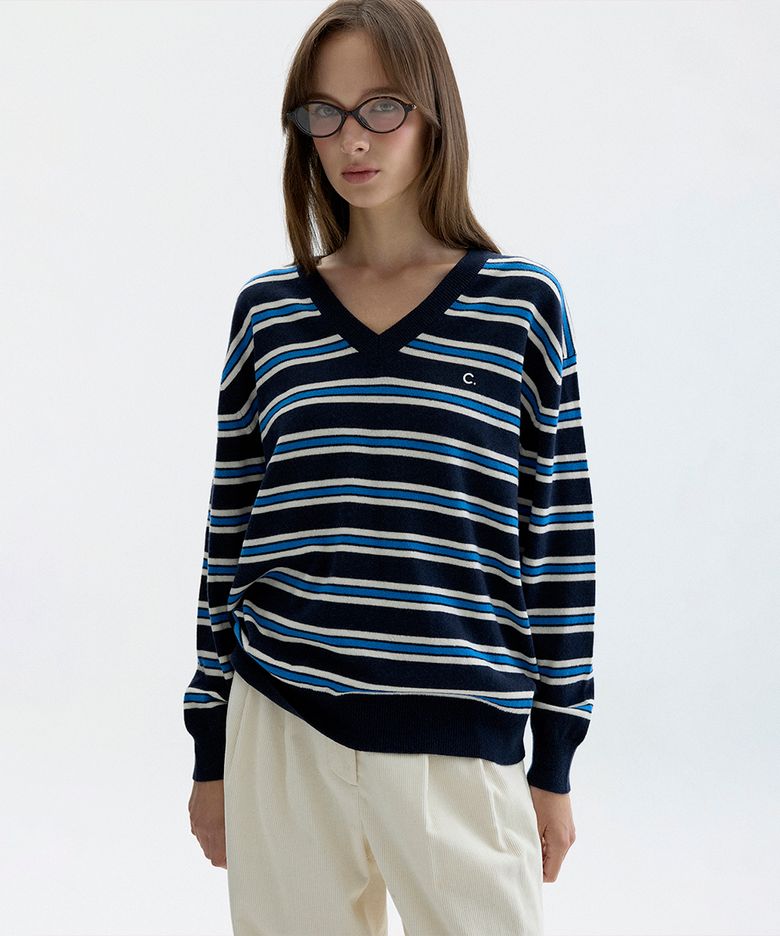 [26FW clove] Striped Knit Pullover (Navy)