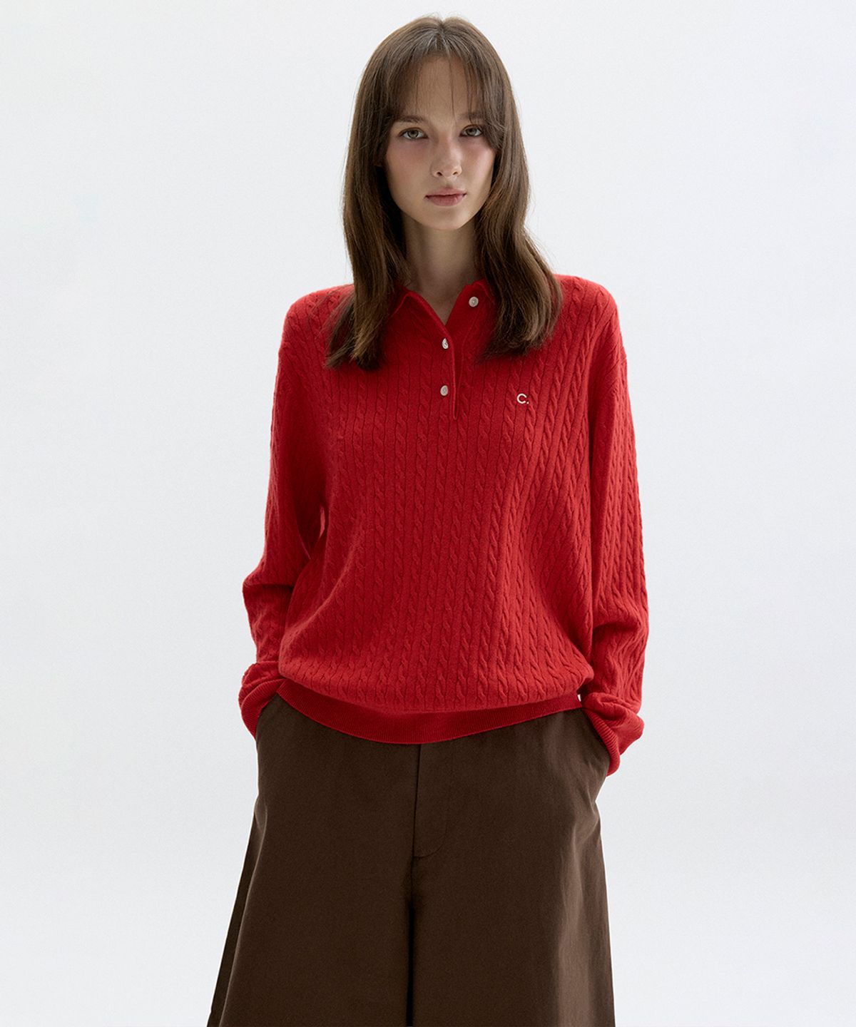 클로브(CLOVE) [26FW clove] Cable Collared Knit Pullover (Red)