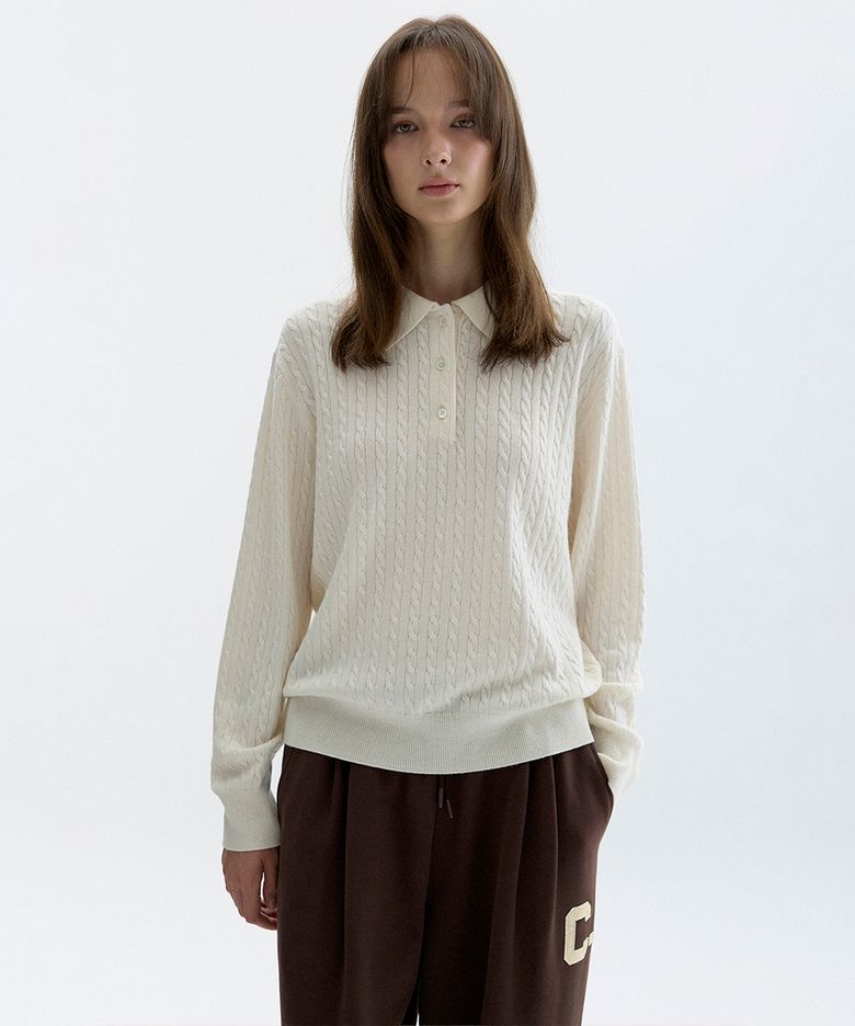 [26FW clove] Cable Collared Knit Pullover (Ivory)