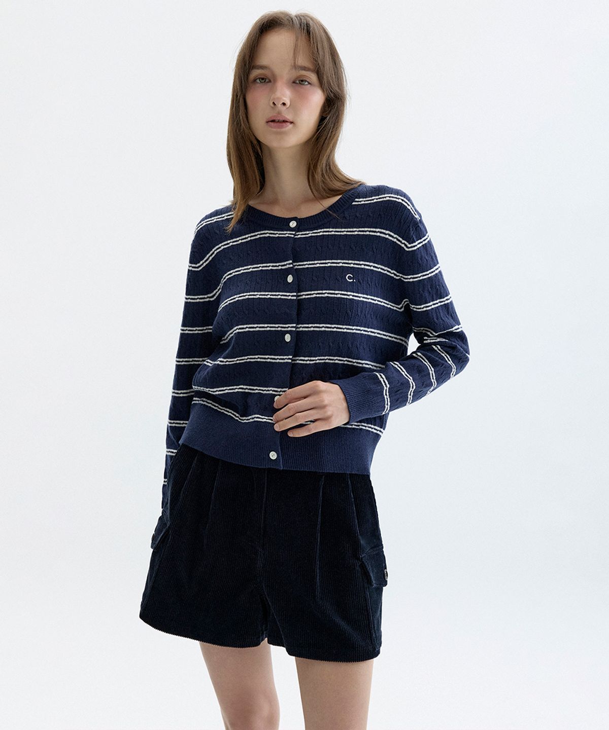 클로브(CLOVE) [26FW clove] Stripe Crew Neck Cardigan (Navy)