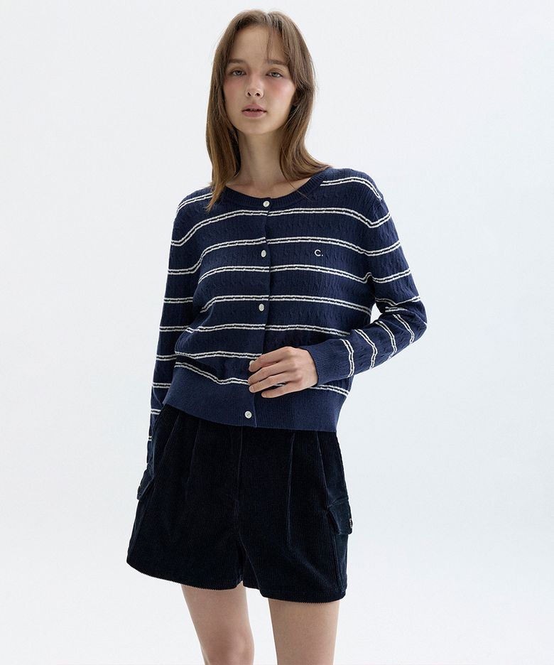 [26FW clove] Stripe Crew Neck Cardigan (Navy)