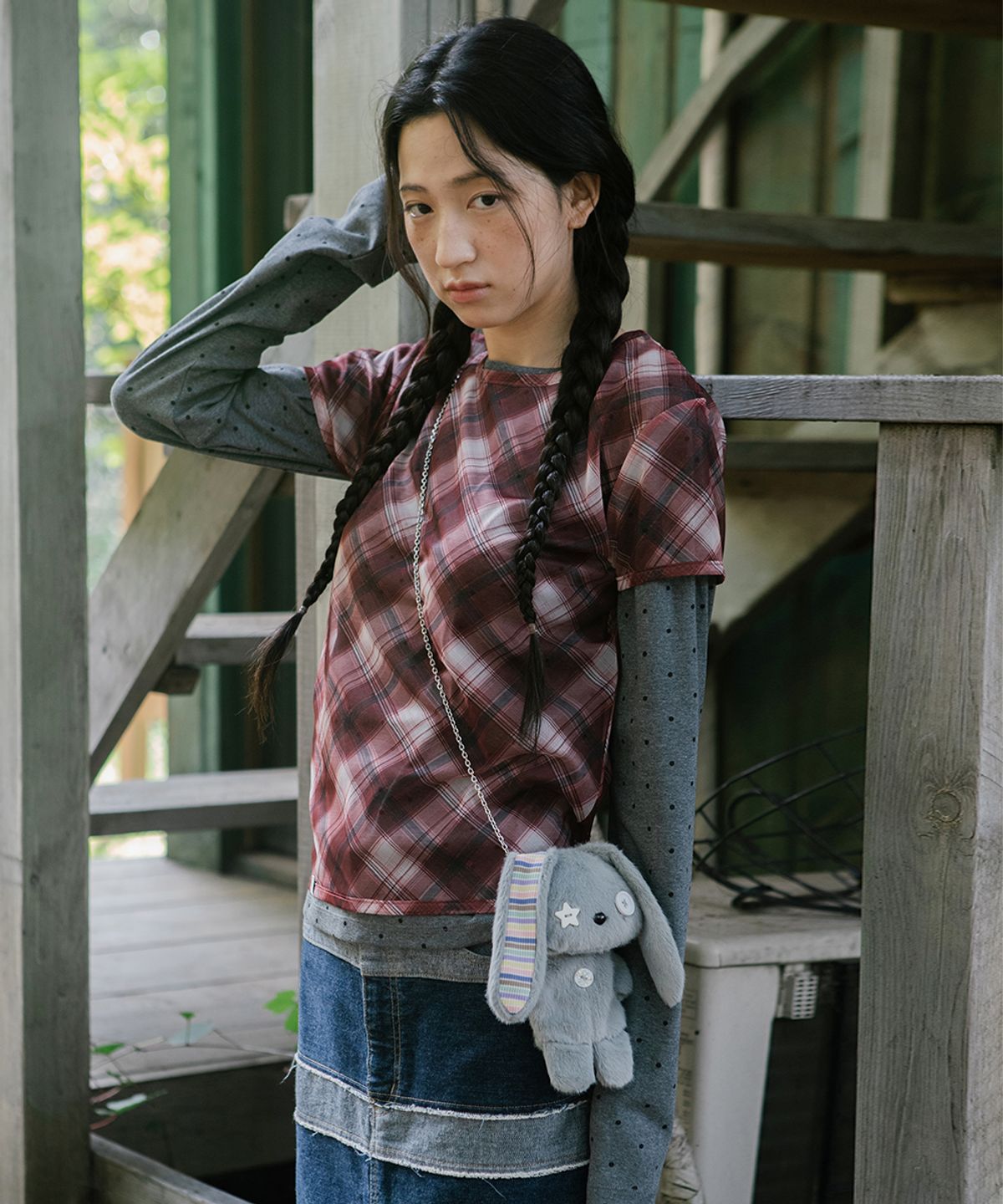카비시(CAVISH) SHEER CHECK LAYERED LS TEE BURGUNDY(CV2GFFT557A)