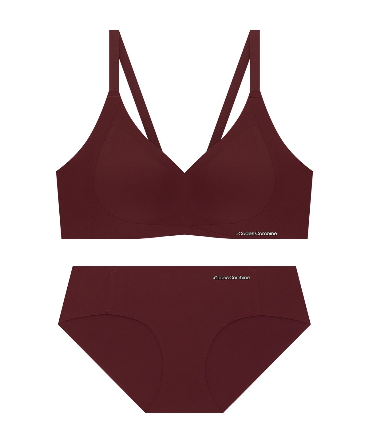 코데즈컴바인 이너웨어(CODES COMBINE INNERWEAR) 파워볼륨 심리스 노와이어 브라팬티 세트_와인
