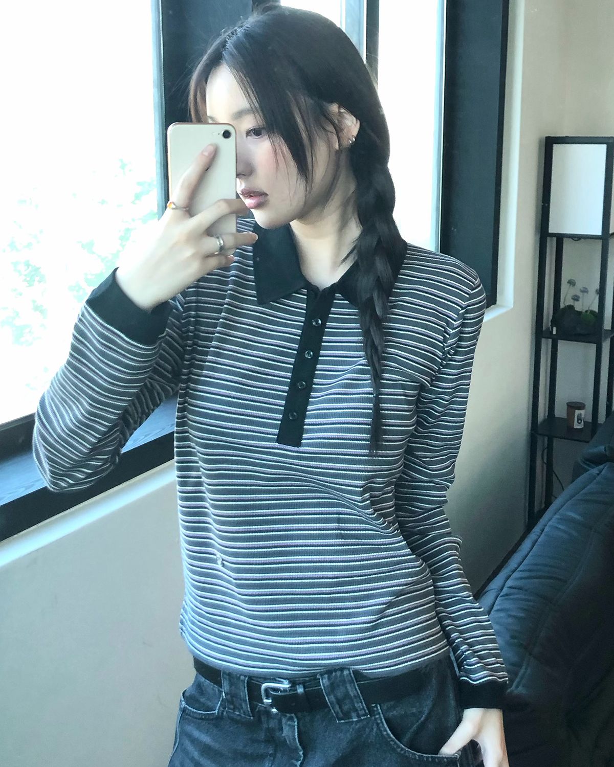 해비즘(HAVISM) RIB STRIPE COLLAR L/S TEE(CHARCOAL)
