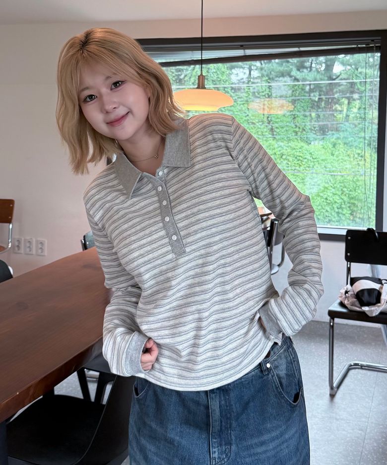 RIB STRIPE COLLAR L/S TEE(GREY)