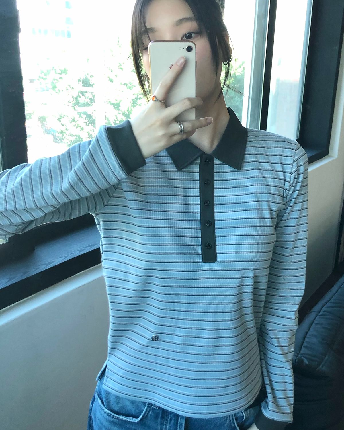 해비즘(HAVISM) RIB STRIPE COLLAR L/S TEE(SKY BLUE)