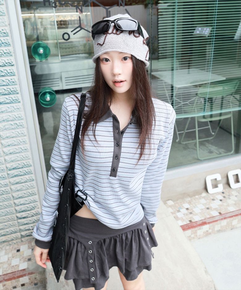 RIB STRIPE COLLAR L/S TEE(SKY BLUE)