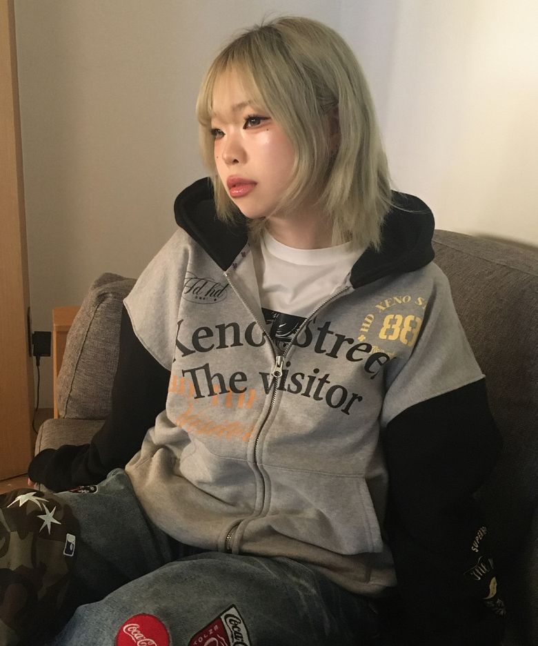 Xeno Street 레터링 후드 집업 멜란지그레이