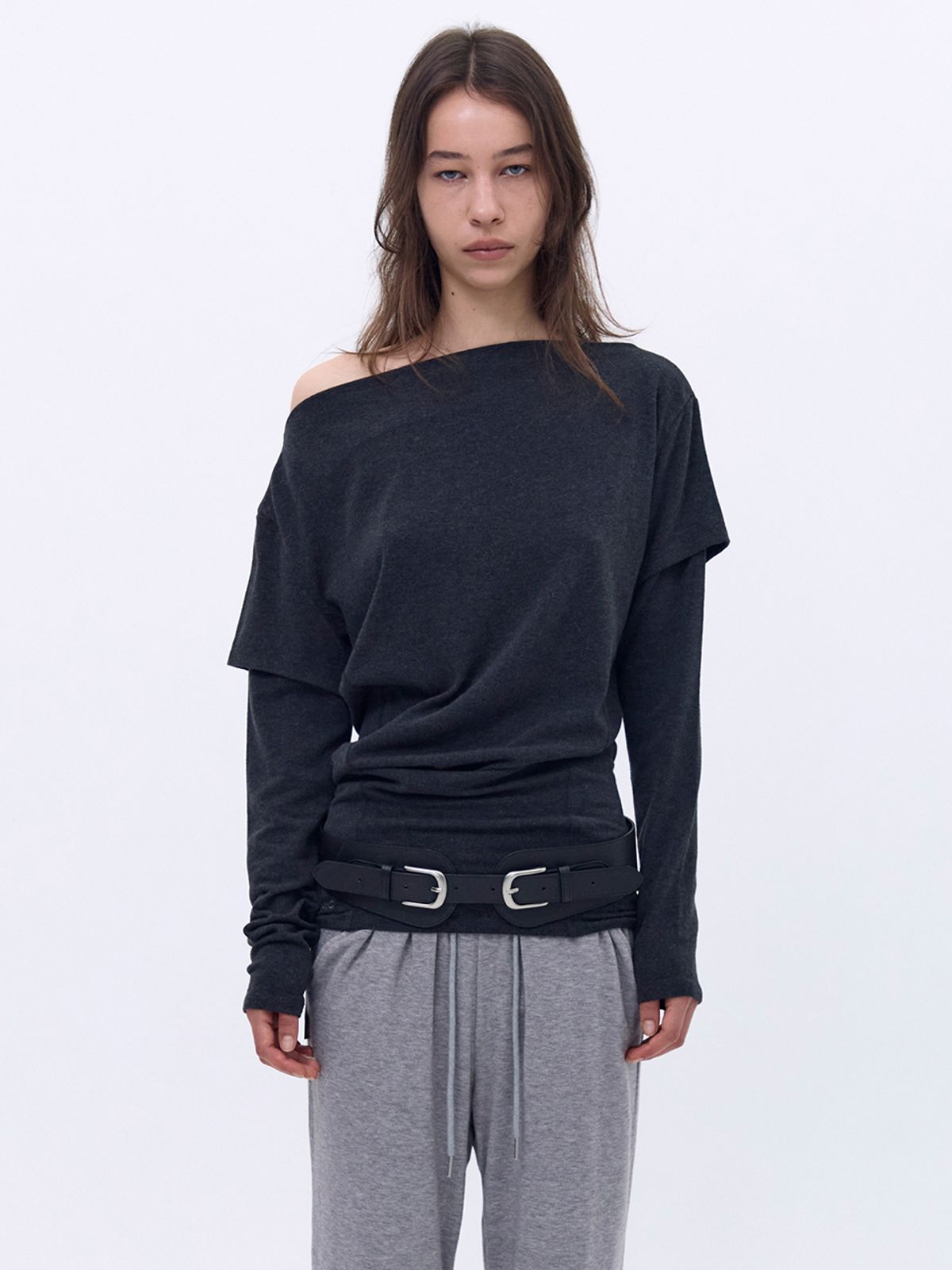 세릭(CERRIC) Boat Neck Layered Top _ Charcoal