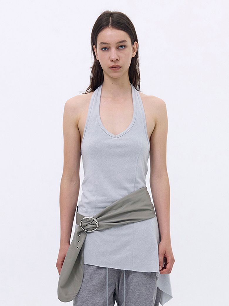 Flared Halter Dress _ Light Gray