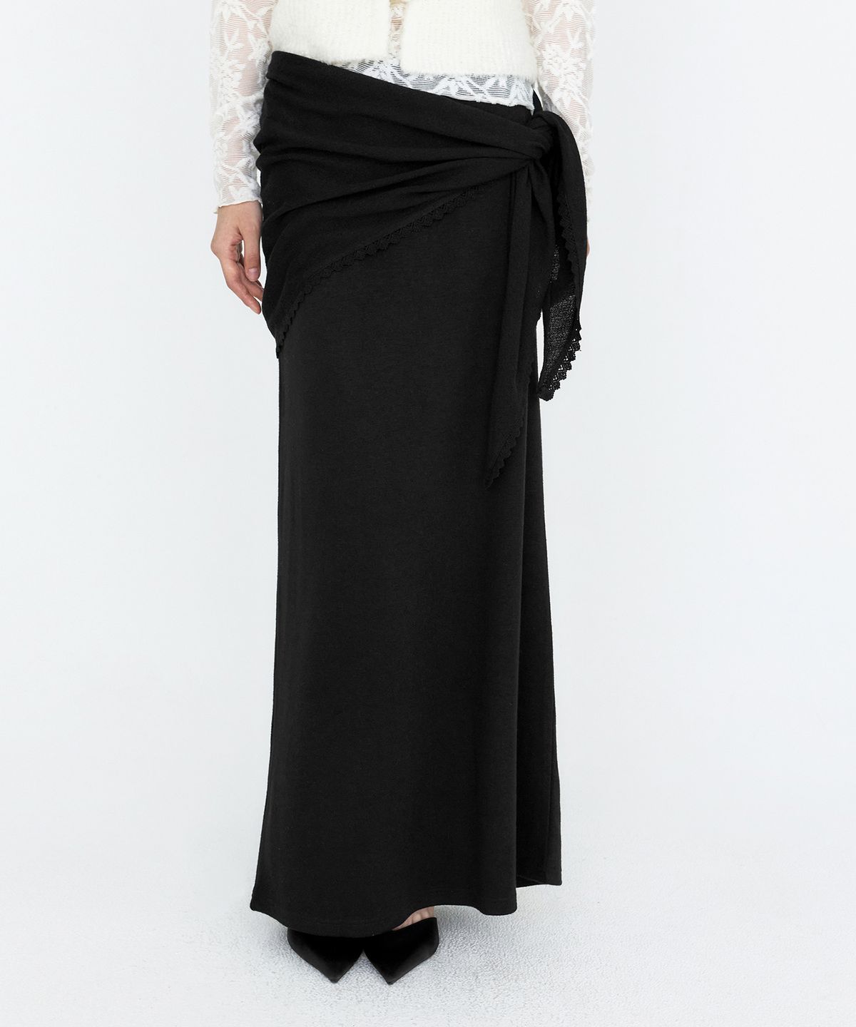 몽돌(MONGDOL) [SET] 울 블렌드 스카프 레이어드 롱 스커트 블랙 MDSK041BLACK